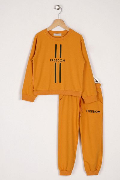 zepkids Crew Neck Long Sleeve Freedom Printed Mustard Color Boys' Tracksuit Set