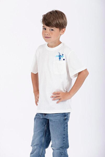 zepkids Μπλουζάκι για αγόρι με λαιμόκοψη με κοντό μανίκι μέλι με στάμπα εκρού χρώματος