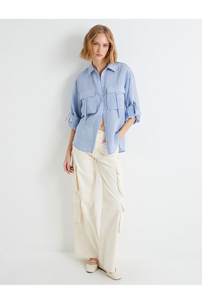 Koton Oversize Cargo Shirt Viscose Buttoned Folded Sleeves