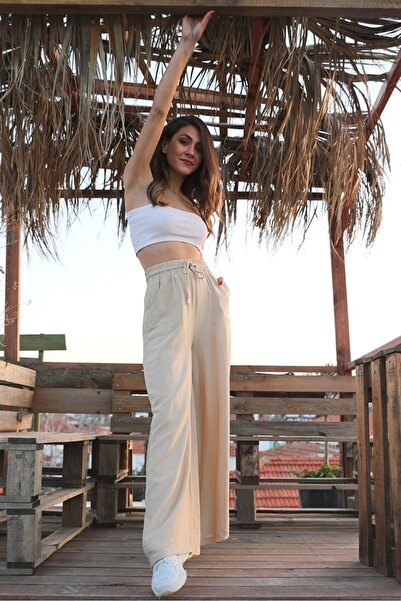 Taş Renk, Düz Keten, Geniş Kemerli Bol Paça, Beli Bağlamalı Casual/Günlük Kadın Pantalon