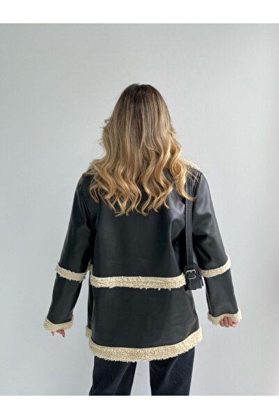 munora butik Bílá kožešina uvnitř kožený kabát s velkou kapsou