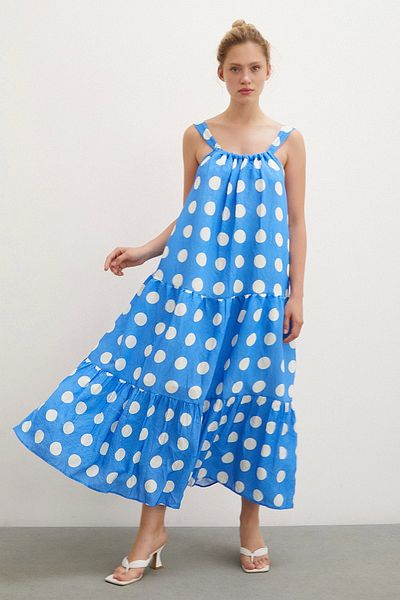 Never more Blue Strappy Polka Dot Dress