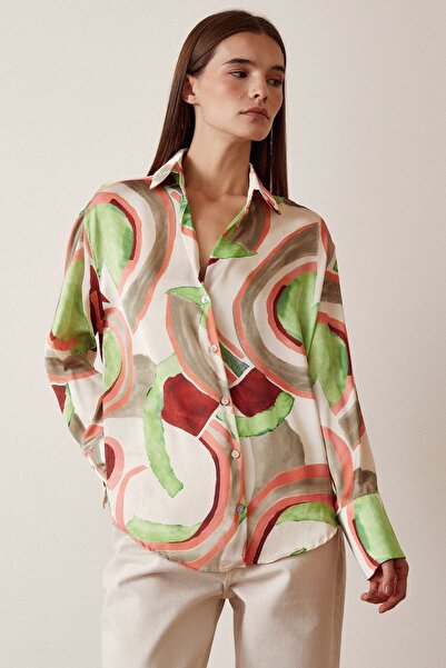 Never more Satin Patterned V-Neck Shirt