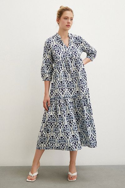Never more Navy Blue Maxi Dress - Prevailing Collar and Patterned Design