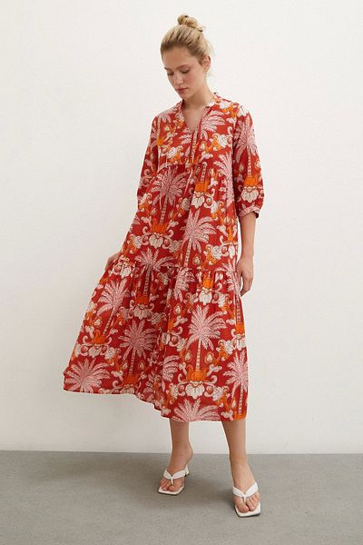 Never more Orange Patterned High Collar Maxi Dress