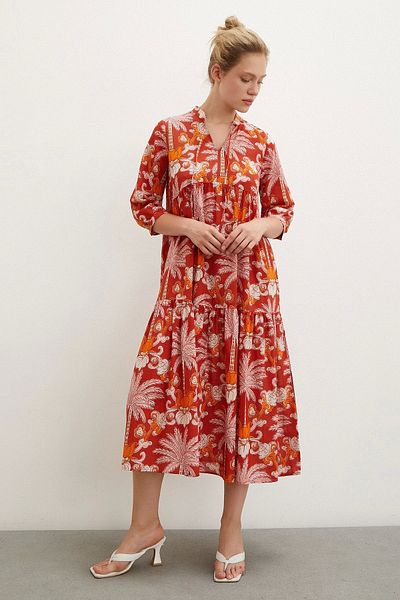 Never more Orange Patterned High Collar Maxi Dress
