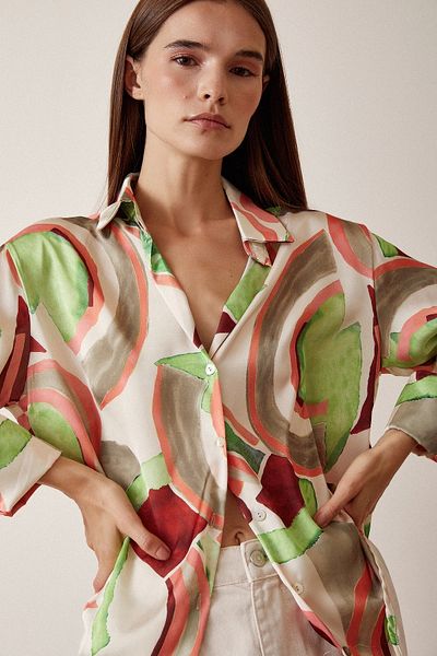 Never more Satin Patterned V-Neck Shirt