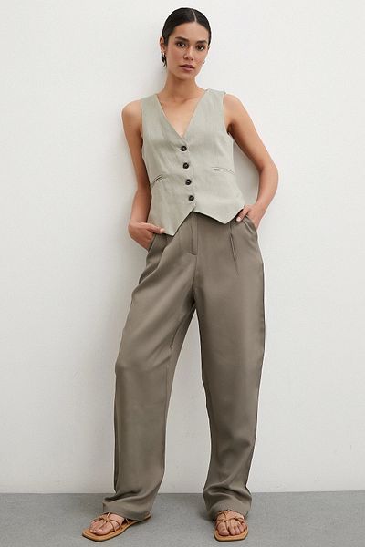 Never more Khaki Colored Classic Trousers - Belt Detailed