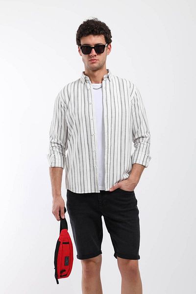 Keep Out Men's Thin Line Patterned Long Sleeve Shirt Gray