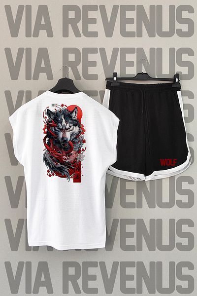 Vordevia White Wolf / Wolf Back Printed Sports Tshirt και Μαύρο Σορτς Σετ - Μηδενικό μανίκι