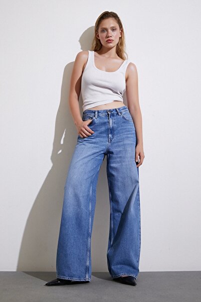 Never more Blugi largi albaștri cu talie înaltă