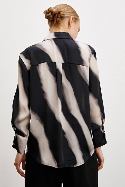 Never more Beige Satin Shirt - Patterned V-Neck