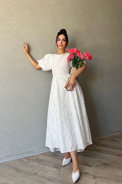 Seda Yalçın Atelier White Embroidery Dress with Balloon Sleeve and Tie Back