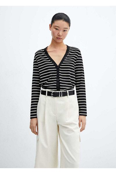 MANGO Woman Cardigan tricotat cu cordon în dungi