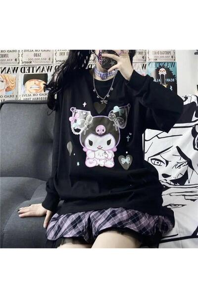 Genel Markalar Lovens  Harajuku Kuromi Baskılı Siyah Unisex Oversize Bisiklet...