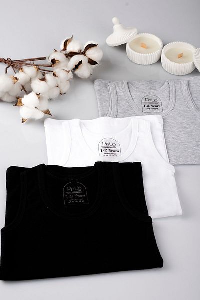 Pi Giyim Set de 3 maiouri pentru copii, alb, negru, gri, 100% bumbac