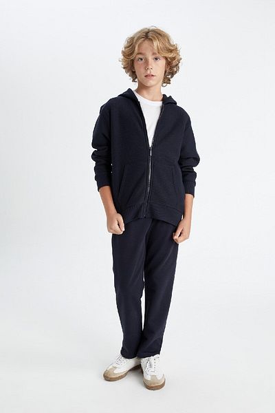 DeFacto Navy Blue Cardigan for Boys - Hooded, Plain Zipper, Pockets X5844A624Au