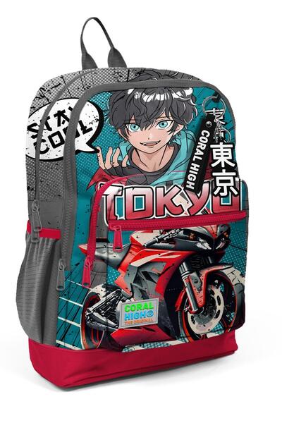 Coral High Gray Anime MoTorcycle PaTTerned School Backpack for Kids - T23764