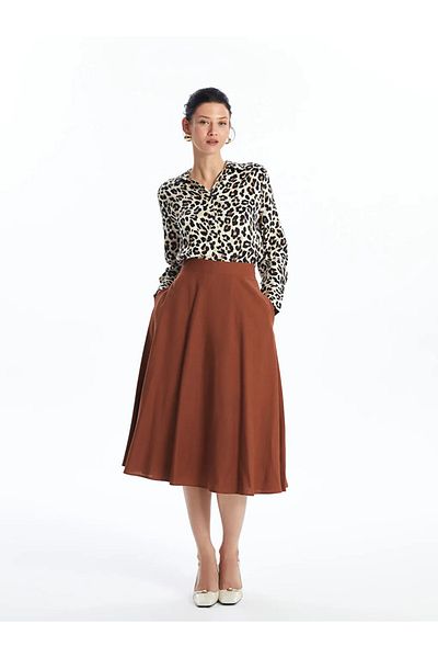 LC Waikiki Lcwaikiki Classic Brown Elastic Waist Straight Linen Blended Women's Skirt