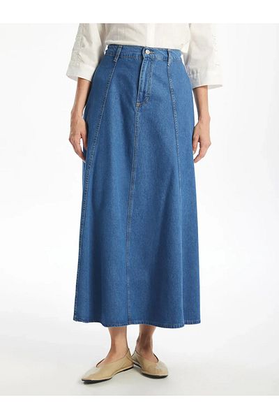 LC Waikiki LcwaikikiClassicA-line Medium Blue Washed Elastic Waist Women'sJeanSkirt