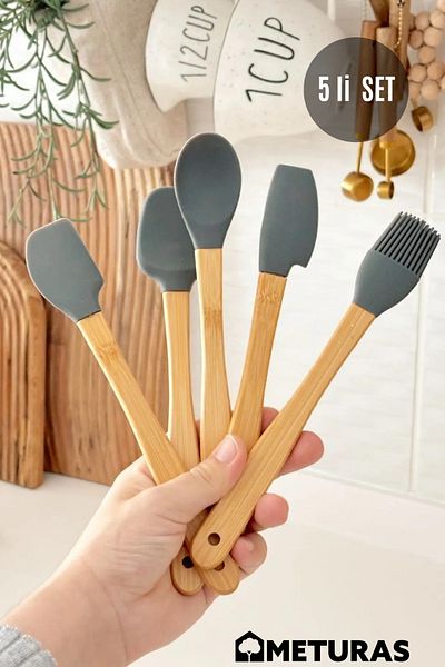 Meturas Gray Set of 5 - Kitchen Bamboo Silicone Spoon Ladle Spatula Wooden Body Hangable