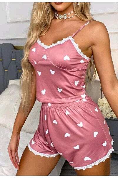 Veille Kadın Şortlu Pudra Gecelik Takım, Kalp Desenli Kadın Gecelik, Şortlu Takı,Fantazi Gecelik