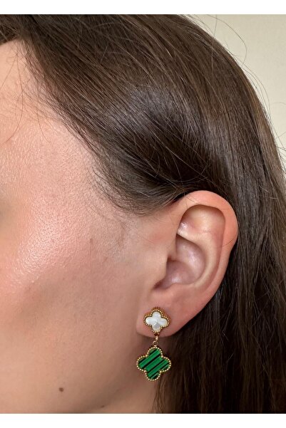 Lagöme Çelik Yeşil Beyaz Yonca Van Cleef Küpe