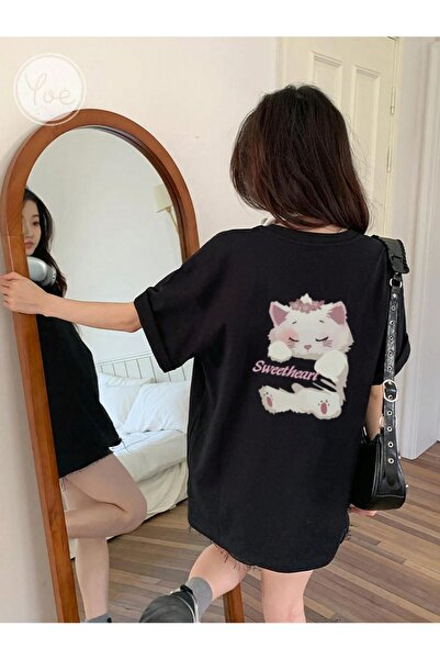 over head oh mačka Štampano Crna Oversize kroj Žene T-shirt - Sweethesrd