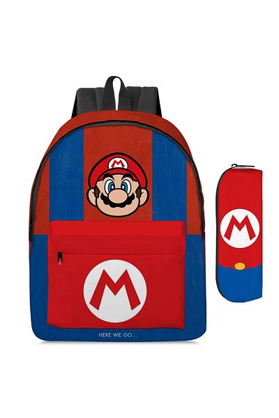 Petityu Set de rucsac și trusă pentru creion Super Mario albastru roșu pentru școala primară