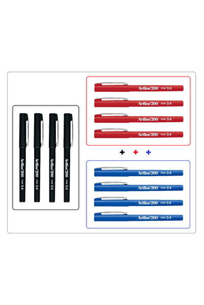 artline 200N Seri 0.4mm Fineliner 4'er Adet Siyah Kırmızı Mavi 12'Li Set