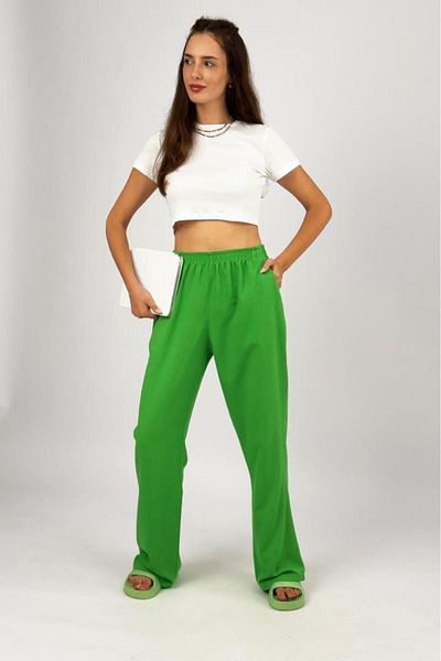 Betimoda Green Oversize Palazzo Trousers - Cotton Linen, Pocket, Loose Fit