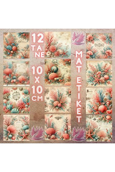 Pink Swan Craft مجموعة ملصقات القصاصات المكونة من 12 قطعة من Vintage Corals - مجلة رصاصة وملصق مخطط غير لامع