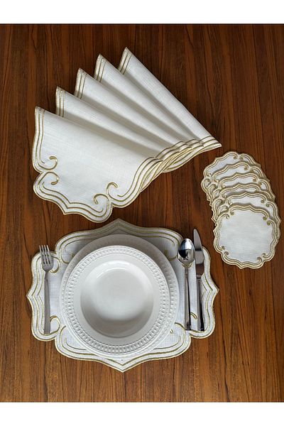 NURHAN HOME COLLECTION Χρυσό Κέντημα Σγουρό Μοντέλο - Σετ αμερικανικού σερβιρίσματος και χαρτοπετσέτας κοκτέιλ 12 τεμαχίων