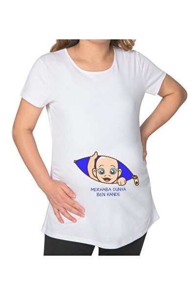 Bk Gift Merhaba Dünya Tasarımlı Beyaz Hamile Tişört-2, Hamile Giyim, Eşe Hediye