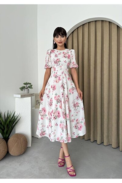 lovebox Pink and White Midi Women's Dress - Crew Neck, Balloon Sleeve, Floral Flared 007