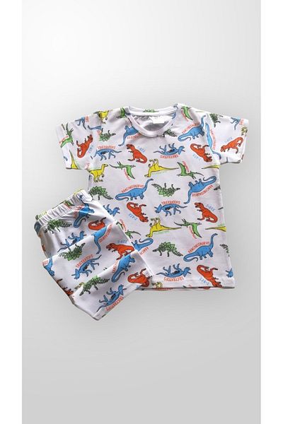 elmas kids Boy's 100% Cotton Dinosaur Patterned White Capri Pajama Set