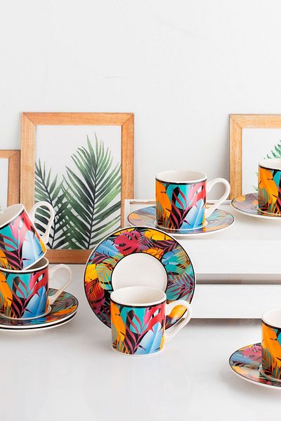 Porsima TE-156 Exotic 6-Person Colorful Porcelain Turkish Coffee Cup Set - 12 Pieces
