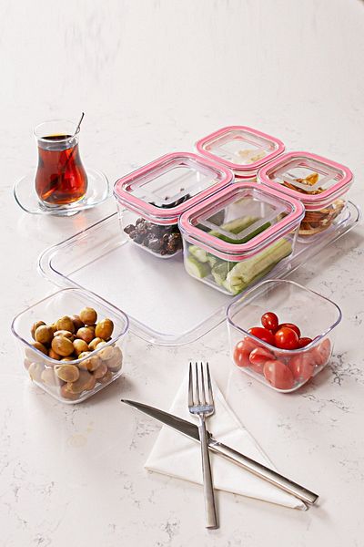 Porsima Azza Maxi 13 Pieces 6 Compartments Vacuum Lid Storage Snack Bowl Breakfast Set Pink