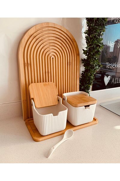 morponi Bamboo Lid Porcelain Spoon 2-Piece Salt Shaker Pepper Shaker with Bamboo Stand 300 Ml(Cmr)