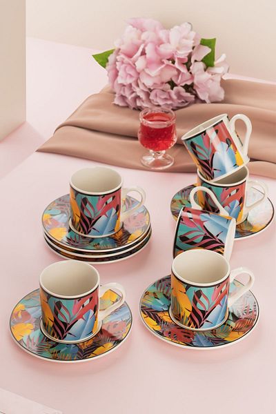 Porsima TE-156 Exotic 6-Person Colorful Porcelain Turkish Coffee Cup Set - 12 Pieces