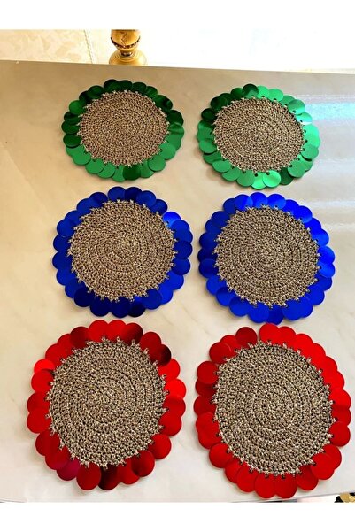 İmren Collection خيط ذهبي لامع، مناديل كوستر ملونة بالترتر 6 قطع أزرق، أخضر، ...