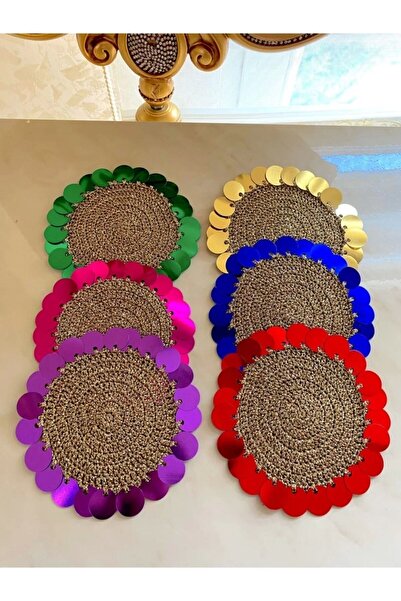 İmren Collection Gold Simli Ip, Renkli Pullu Bardak Altı Peçetesi 6 Adet Mavi,yeşil,kırmızı,fuşya,sarı,mor