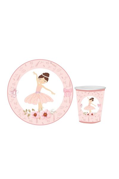 Big Party Ballerina Themed Cardboard Plate and Cup Set for 16 People