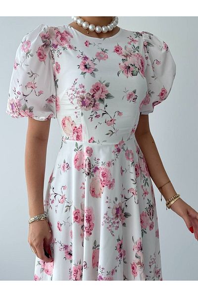 lovebox Pink and White Midi Women's Dress - Crew Neck, Balloon Sleeve, Floral Flared 007