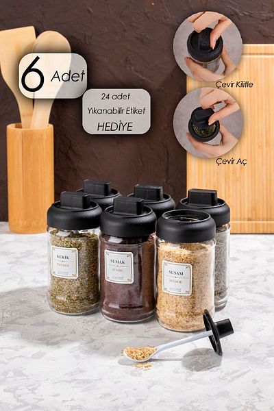 Porsima 6 Pieces Rio Lockable Self Spoon Lid and Labeled Long Spice Jar Set 300 ml