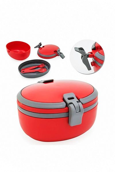 Porsima L-00691 Joy 2-Layer Lunch Box with Spoon and Fork Storage Box Red