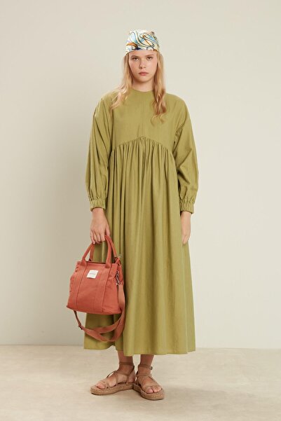 Manuka LINEN BLEND BALLOON SLEEVE DRESS GREEN