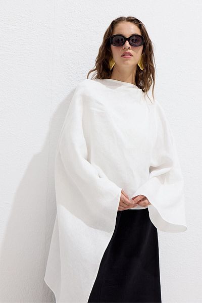 Manuka Ecru Asymmetrical Linen Cape Blouse