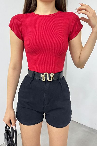 kozzy Fitted/Body-Sitting Crew Neck Short Sleeve Camisole Crop Blouse Red