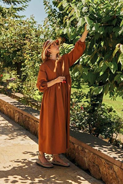 Manuka Šaty ze směsi plátna s balónkovým rukávem – dlaždice